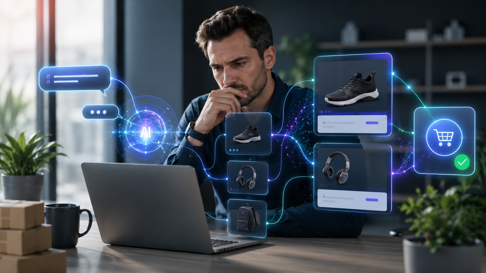 Gestor de ecommerce analisando busca com IA, produtos e anúncios digitais