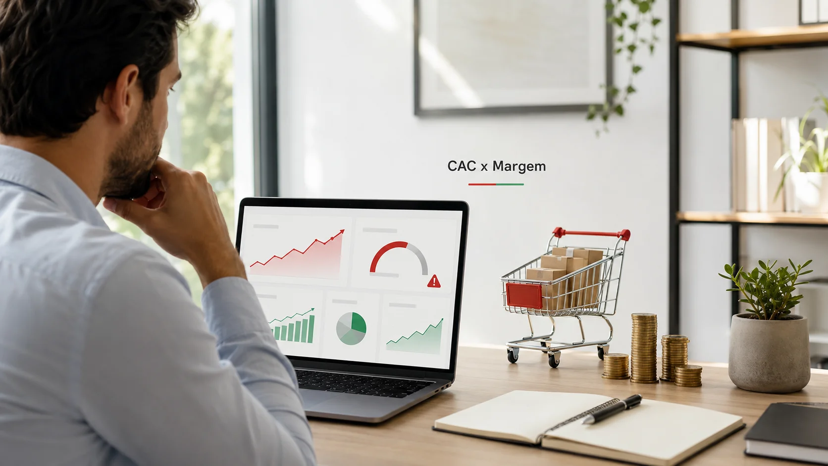 Gestor de e-commerce analisando CAC e margem em um dashboard de vendas ao lado de carrinho e moedas