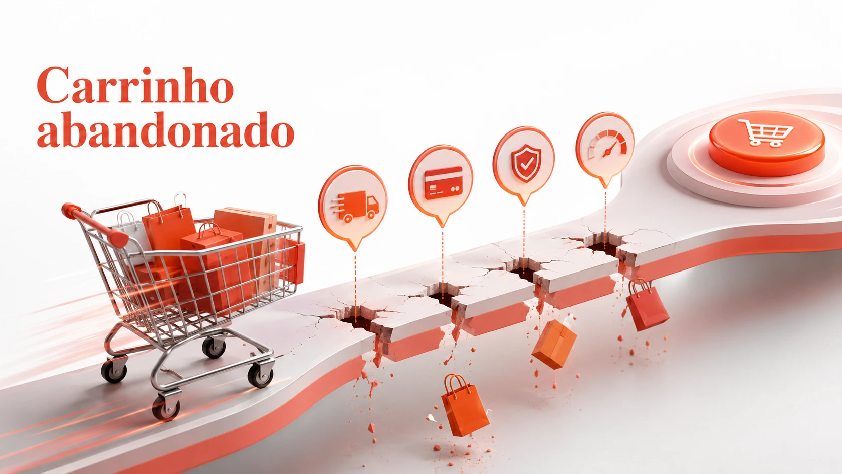 Carrinho de compras diante de obstáculos de frete, pagamento, segurança e velocidade no checkout