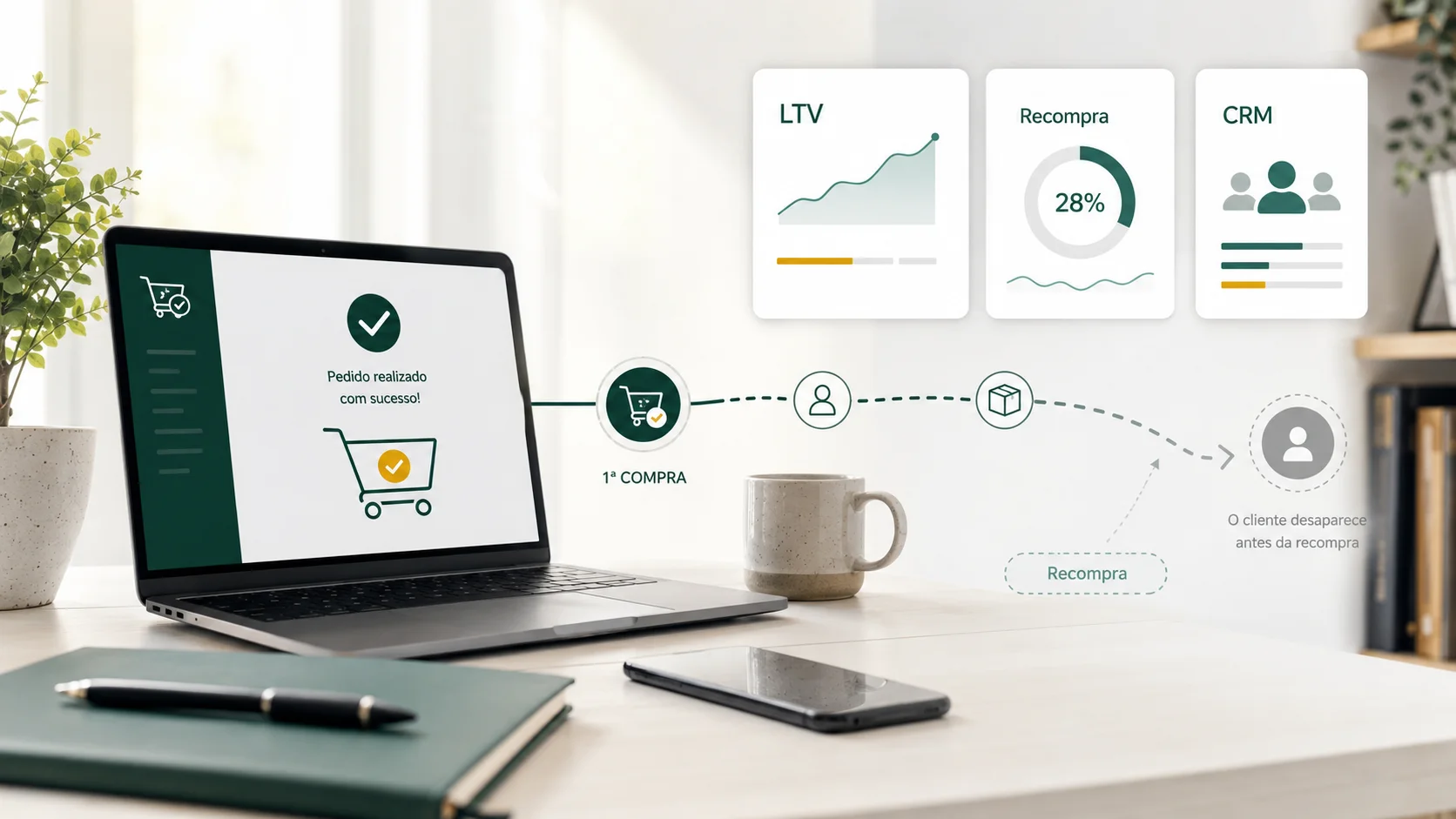 Dashboard de e-commerce mostrando primeira compra, recompra, LTV e CRM com cliente desaparecendo antes da segunda compra