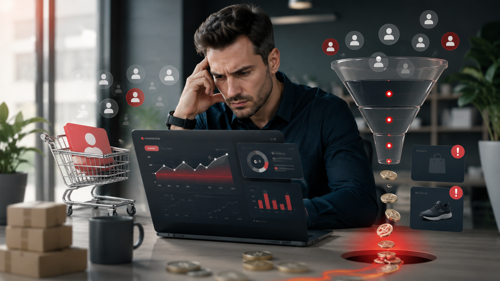 Gestor de ecommerce analisando tráfego pago com funil de vendas e alertas de desperdicio de verba