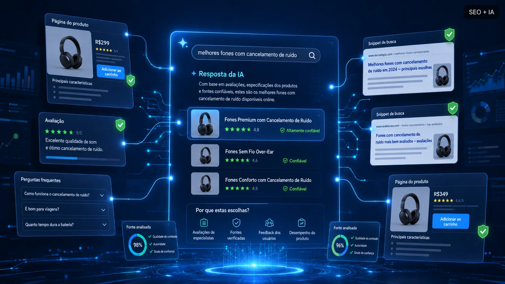 Busca com inteligência artificial analisando páginas de produto, FAQs e fontes confiáveis para recomendar produtos no e-commerce