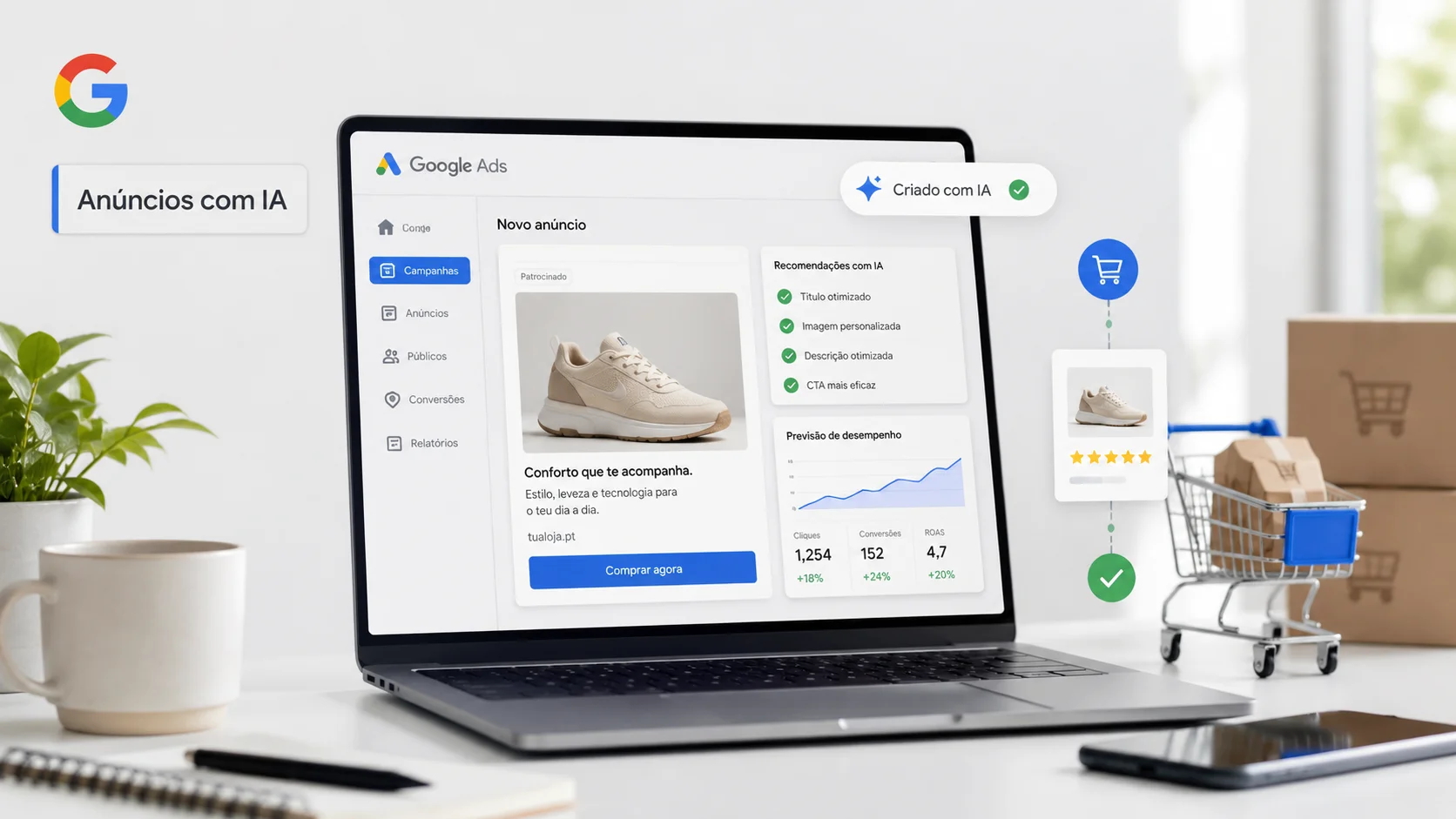 Interface do Google Ads mostrando um anúncio de e-commerce identificado como criado com inteligência artificial