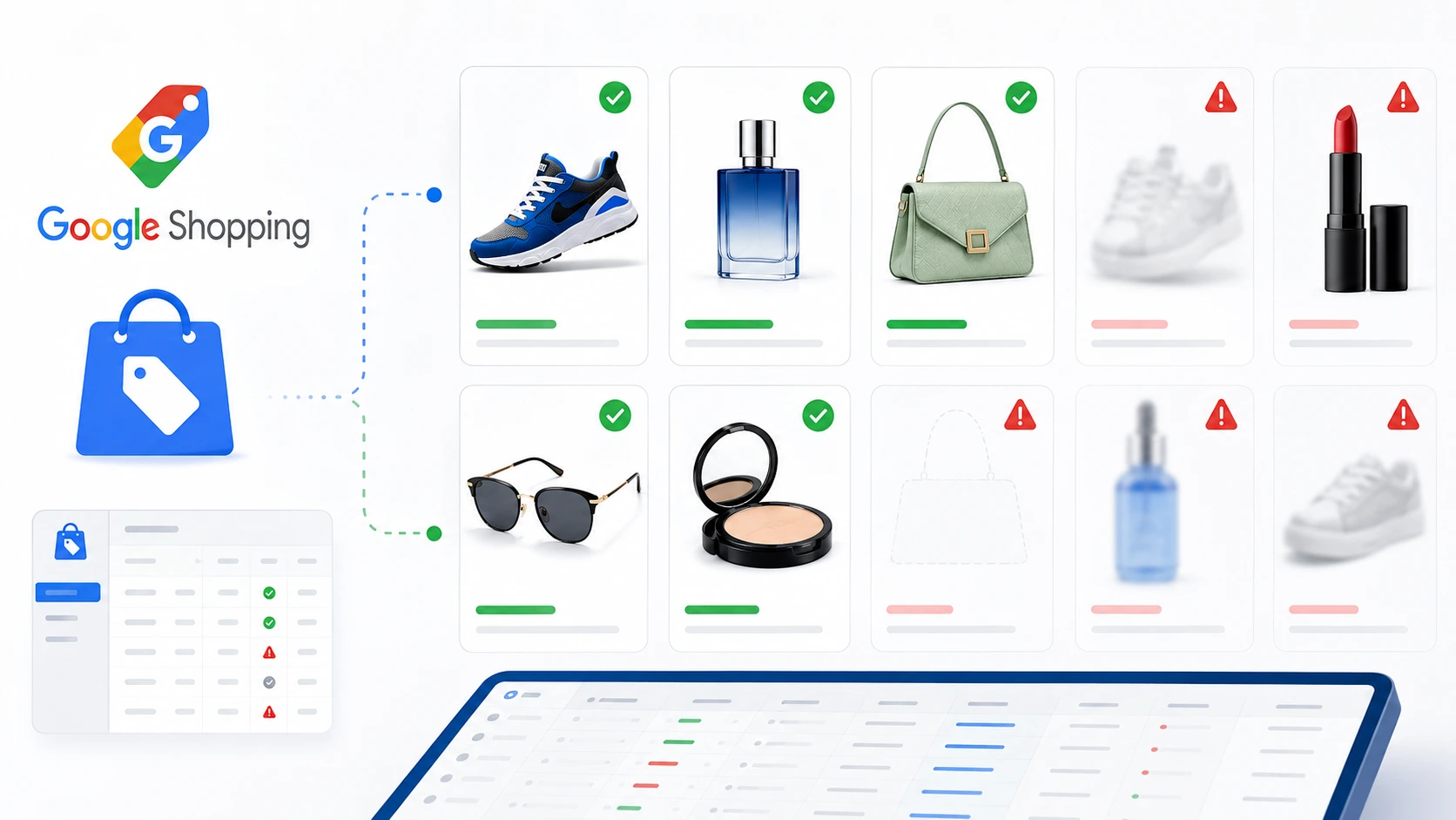 Catálogo do Google Shopping com produtos aprovados e itens com erros no Merchant Center