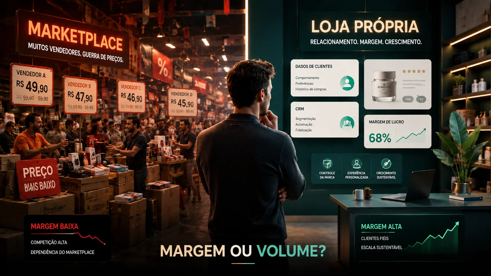 Dono de e-commerce comparando marketplace competitivo com loja própria focada em margem, CRM e dados de clientes