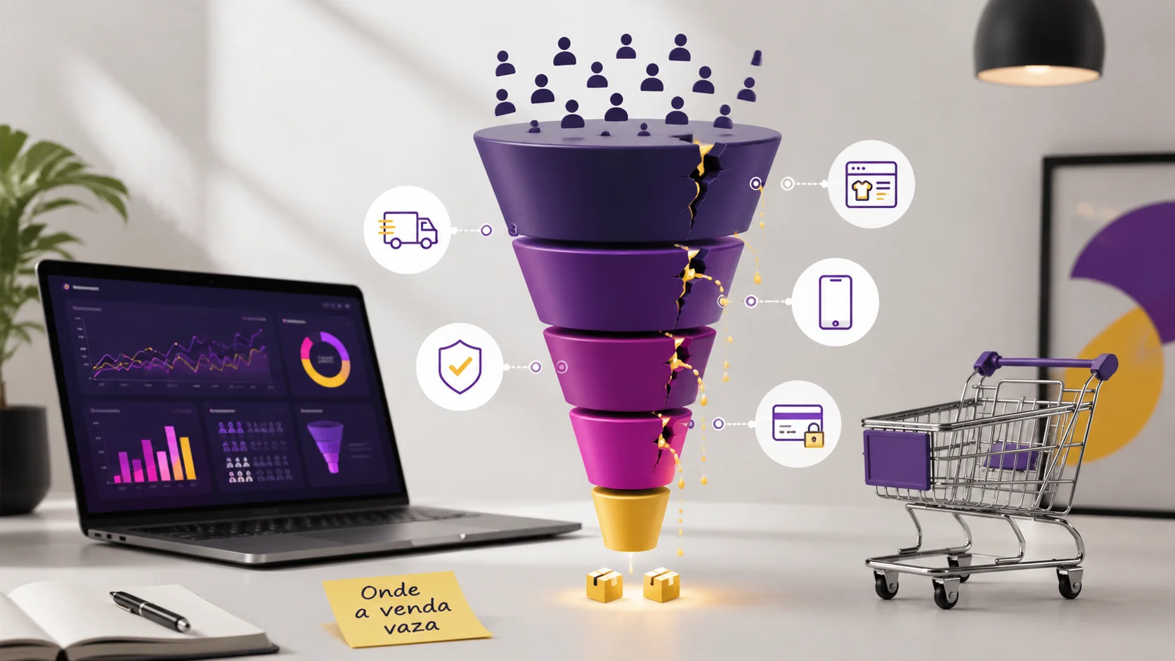 Funil de conversão de e-commerce com vazamentos entre tráfego, página de produto, frete, mobile e checkout
