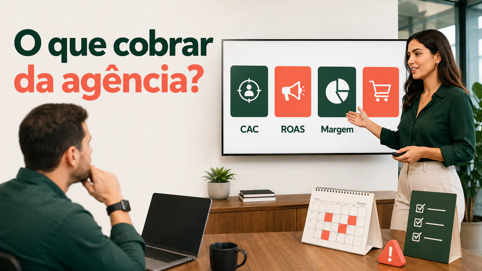 Reunião de performance de e-commerce com indicadores de CAC, ROAS e margem para avaliar uma agência