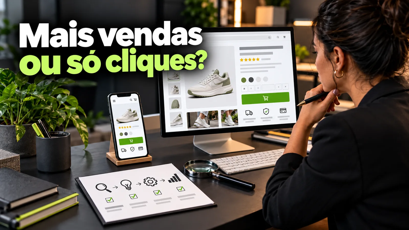 Especialista analisa uma página de produto em monitor e celular, com uma lista visual de diagnóstico e o texto Mais vendas ou só cliques