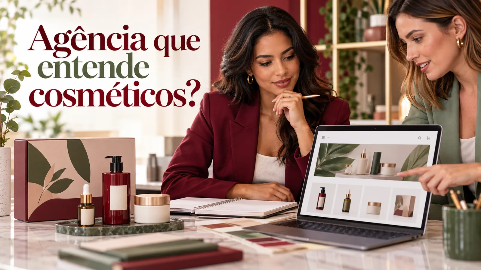 Duas profissionais analisam uma loja online junto de frascos e um kit de cosméticos, sob a pergunta Agência que entende cosméticos