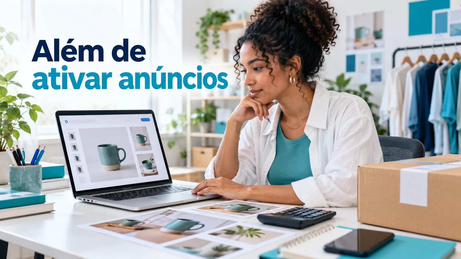Lojista analisa uma vitrine digital no notebook, junto de fotos de produtos, calculadora e encomendas, com o texto Além de ativar anúncios