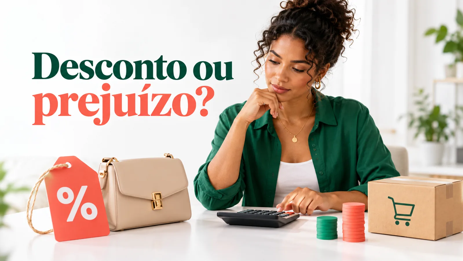 Lojista calcula uma promoção ao lado de produto, etiqueta de desconto e caixa de envio, com a pergunta Desconto ou prejuízo