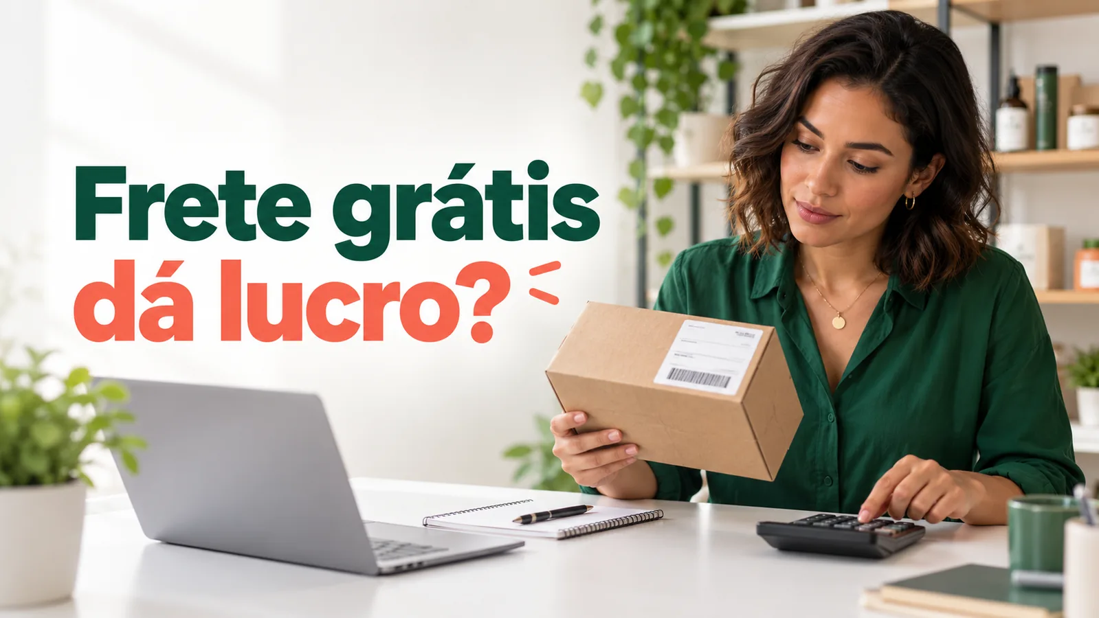 Lojista confere uma caixa de envio e uma calculadora, sob a pergunta Frete grátis dá lucro, em uma mesa de trabalho de e-commerce