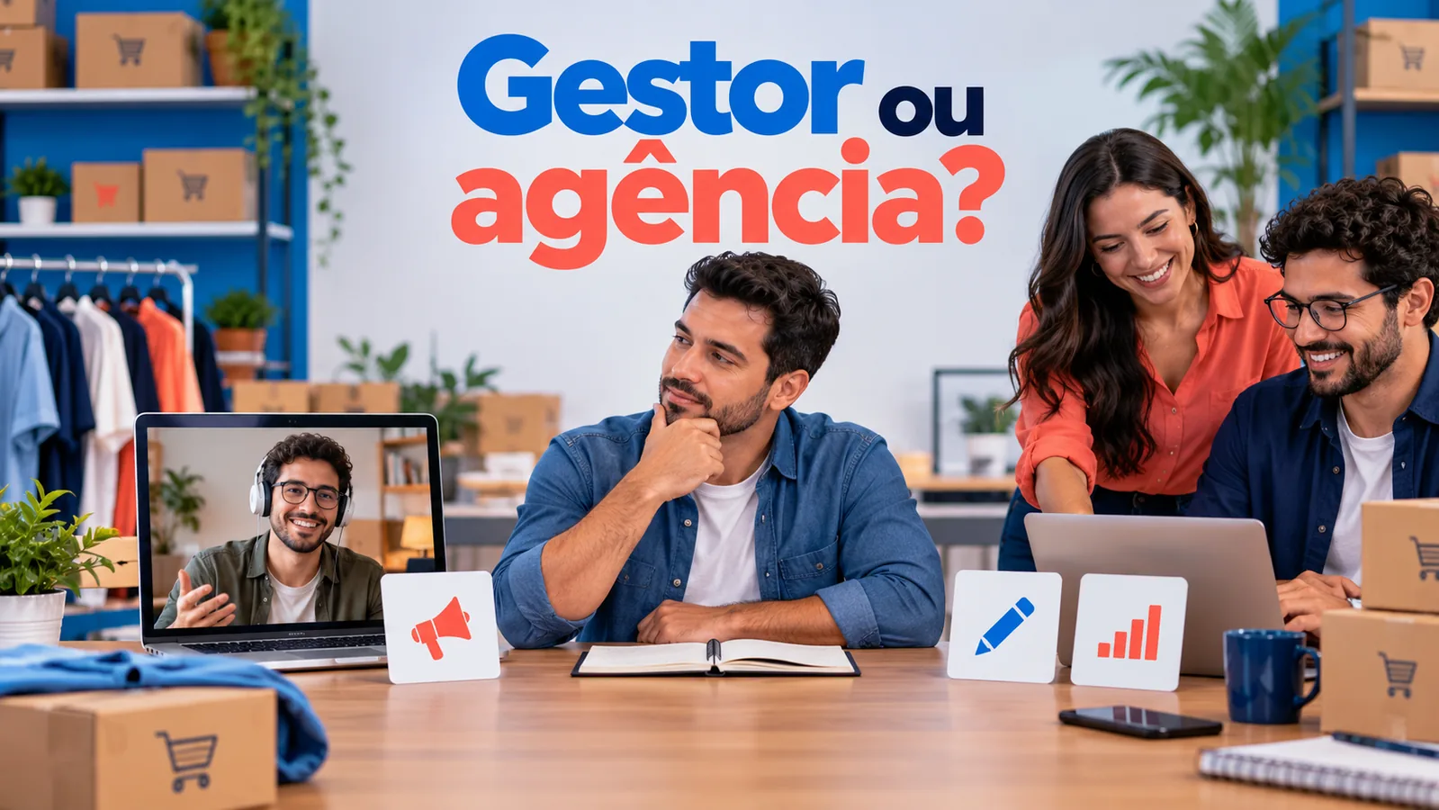 Empresário compara um profissional em videochamada e uma pequena equipe numa loja online, sob a pergunta Gestor ou agência