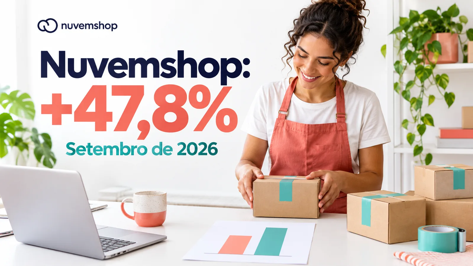 Lojista prepara caixas de pedidos ao lado do logotipo Nuvemshop e do crescimento de 47,8% reportado para setembro de 2026
