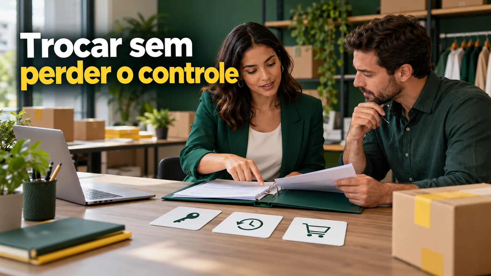 Dois profissionais revisam uma pasta de passagem de trabalho numa loja, com cartões de chave, histórico e carrinho e o texto Trocar sem perder o controle