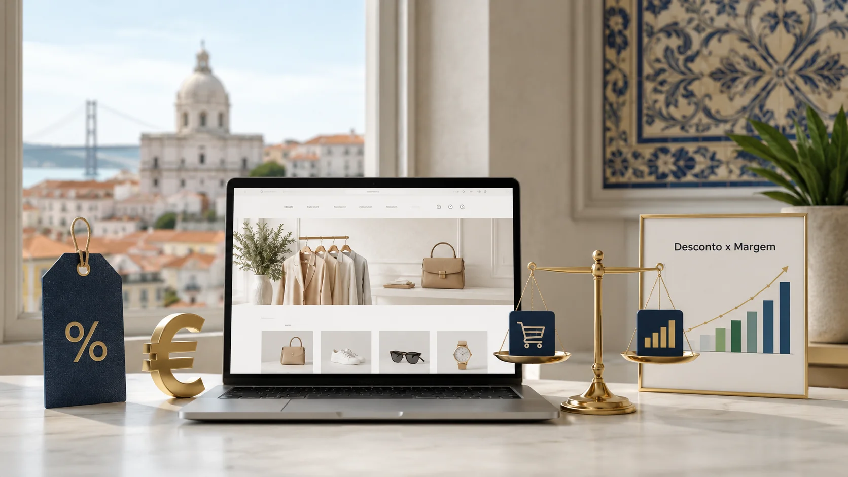 Loja online em Lisboa com etiqueta de desconto, euro e balança entre vendas e margem