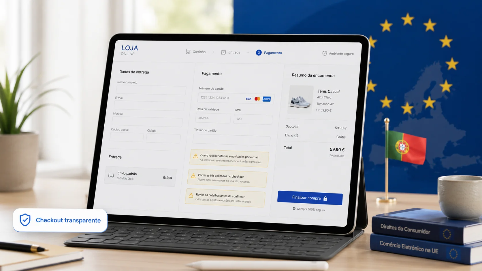 Checkout transparente de uma loja online em Portugal com avisos sobre consentimento, portes e custos sob regras europeias