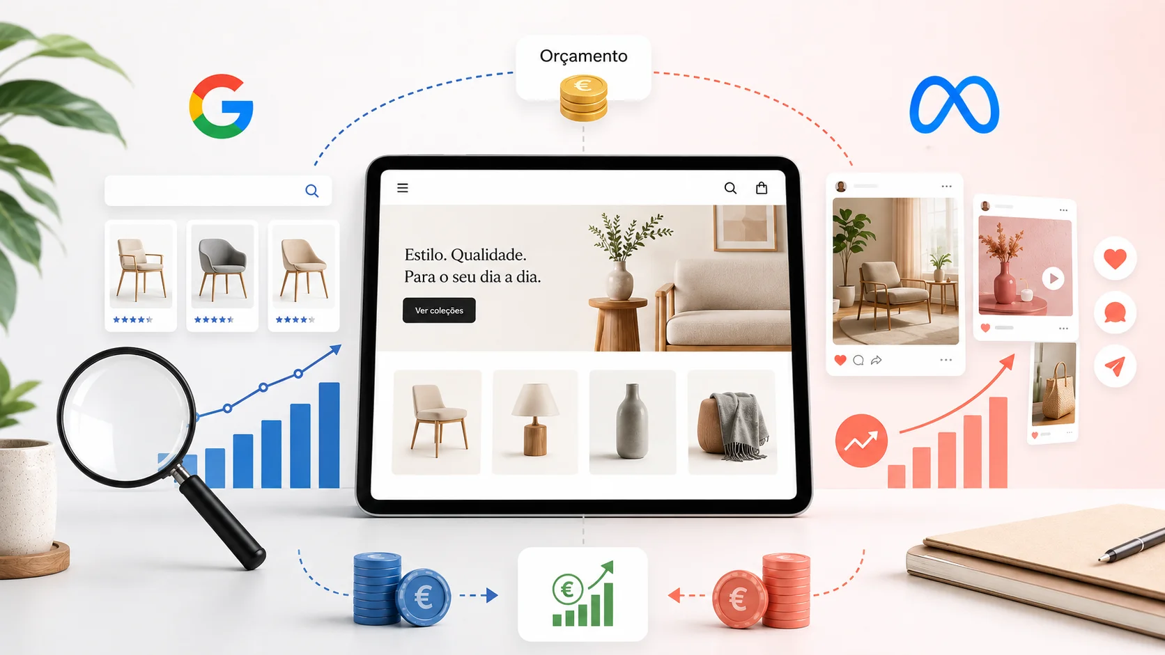 Loja online em Portugal a comparar investimento entre Google Ads e Meta Ads com orçamento, margem e vendas