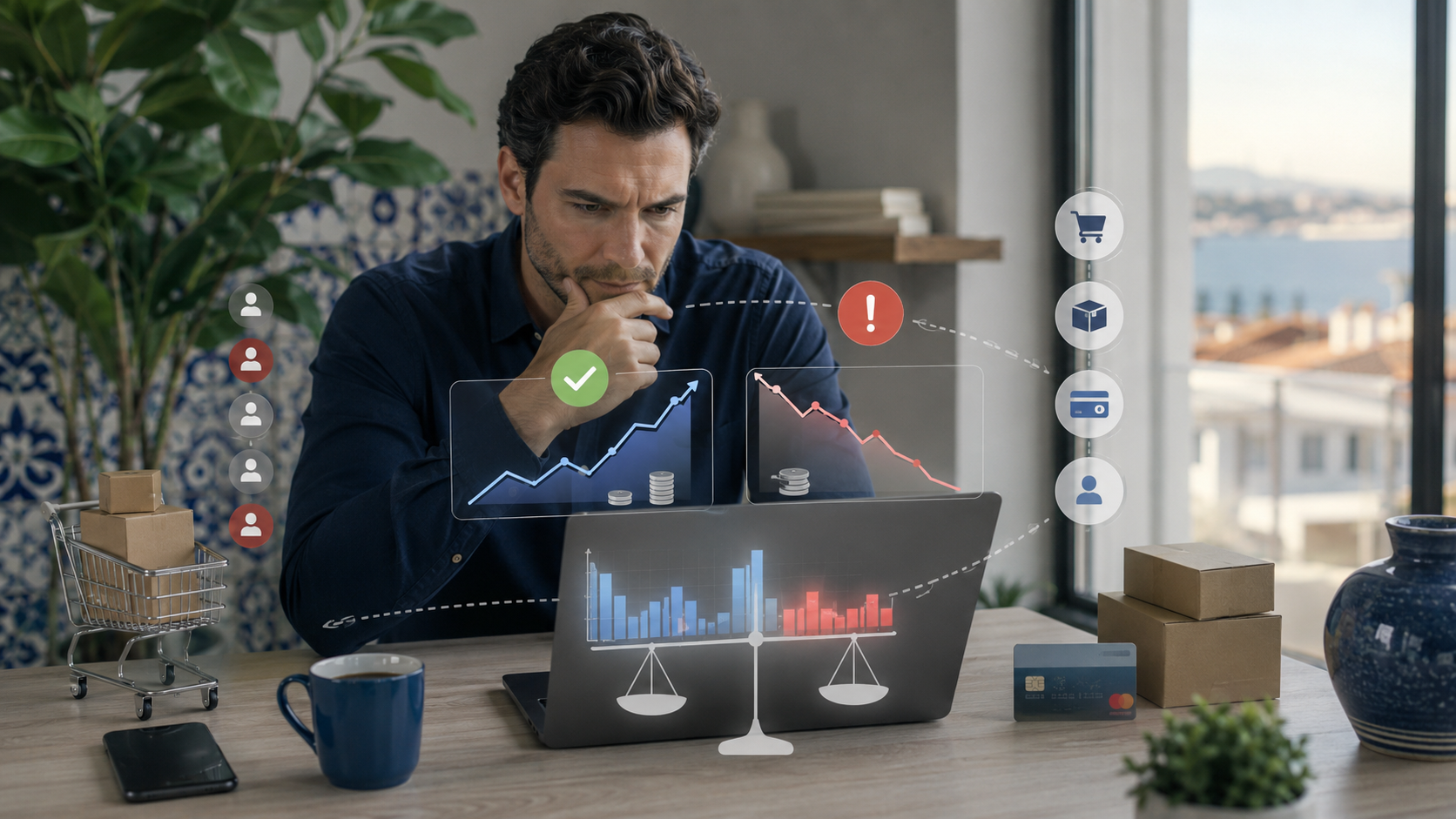 Gestor de loja online em Portugal a comparar faturação, margem e lucro em campanhas pagas