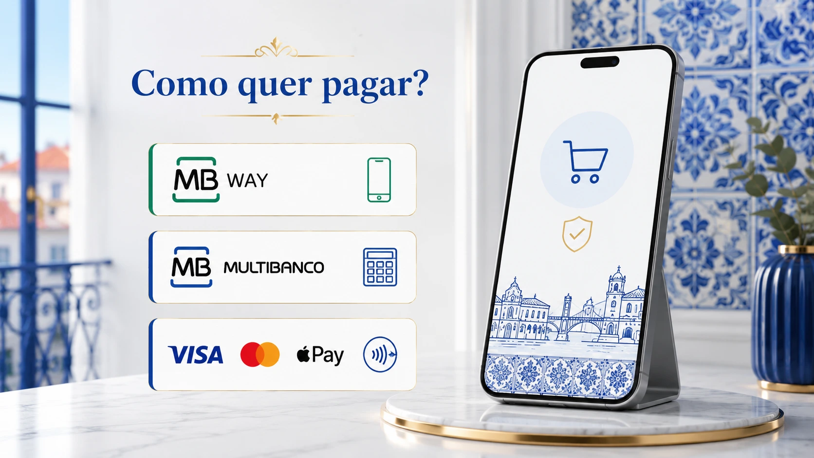 Opções de pagamento MB WAY, Multibanco, cartão e carteira digital numa loja online em Portugal