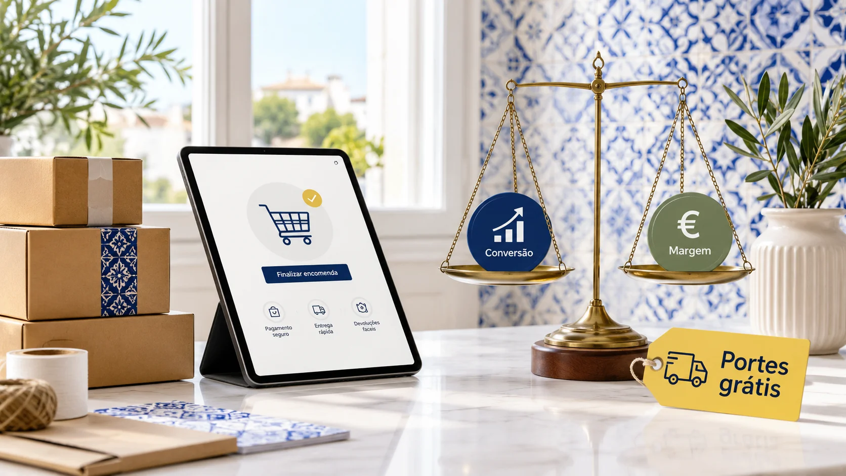 Balança entre conversão e margem com etiqueta de portes grátis numa loja online em Portugal