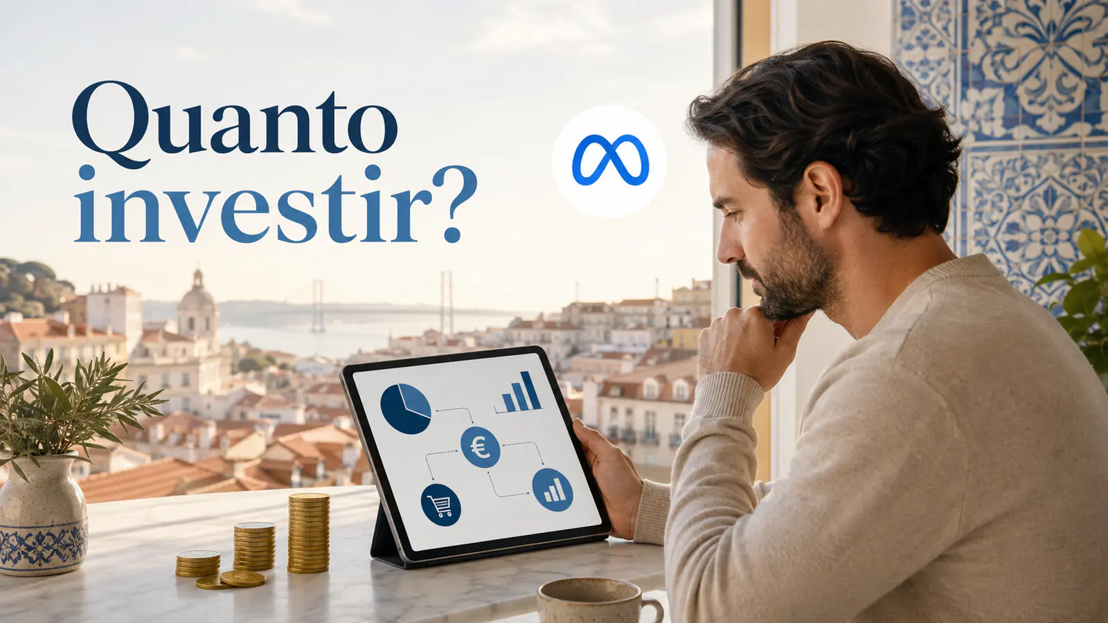 Gestor de loja online em Lisboa a calcular quanto investir em Meta Ads com orçamento em euros