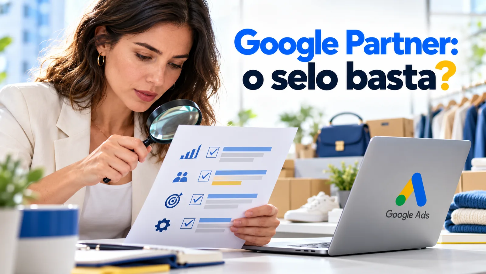 Empresária analisa uma proposta com uma lupa, junto de um portátil com o símbolo Google Ads, sob a pergunta Google Partner: o selo basta