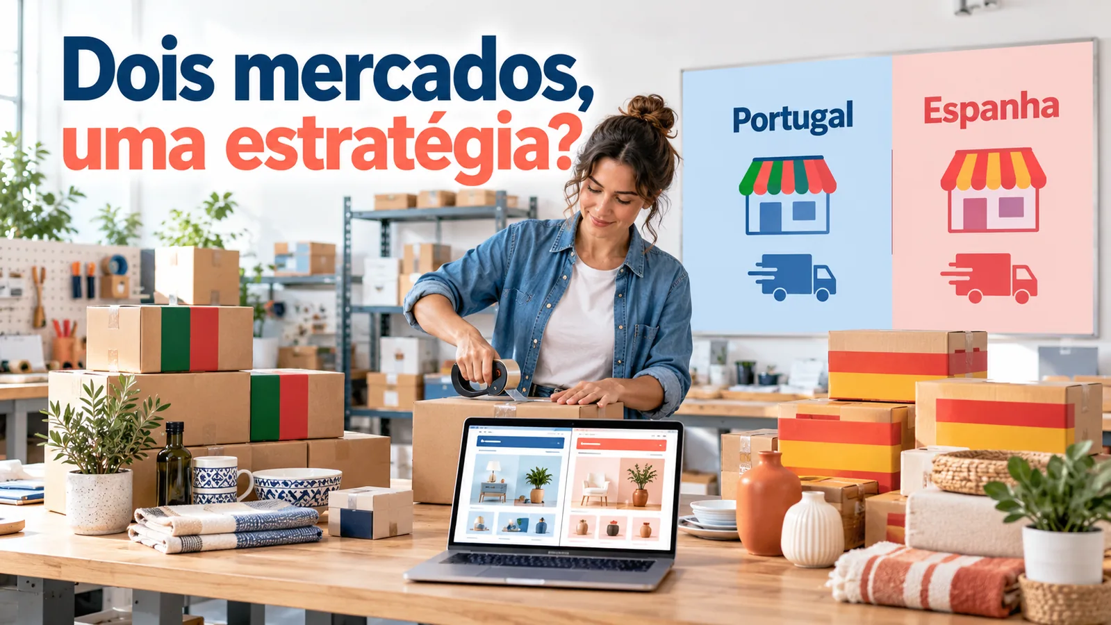 Empresária prepara encomendas junto de painéis de Portugal e Espanha, com o texto Dois mercados, uma estratégia