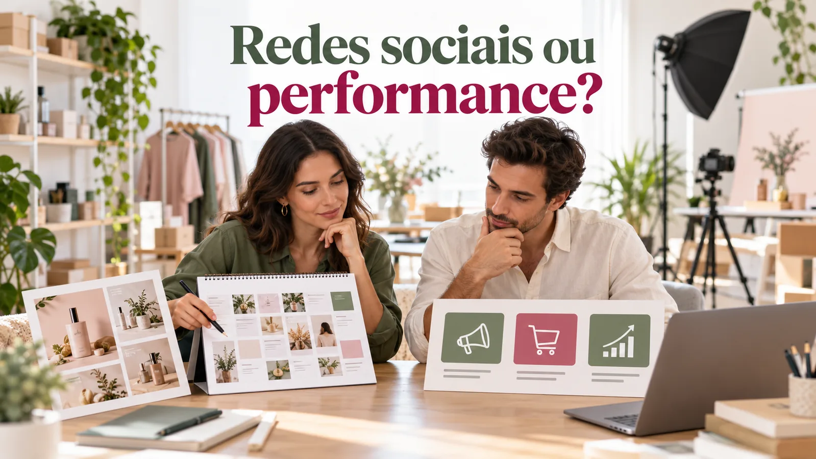 Dois profissionais comparam um calendário de conteúdos e indicadores comerciais, sob a pergunta Redes sociais ou performance