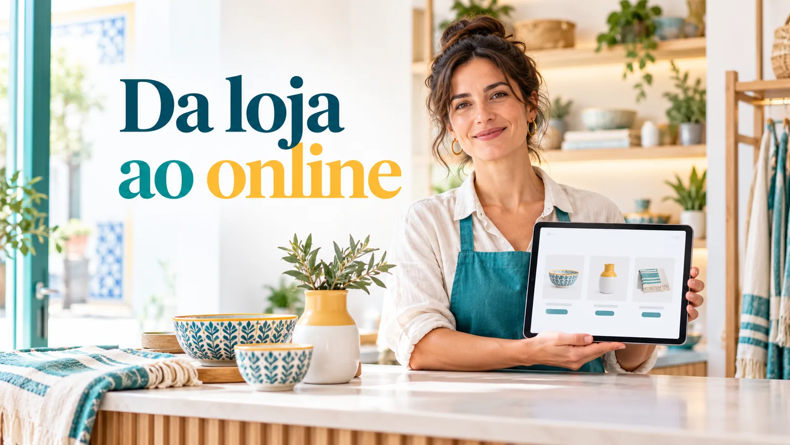 Comerciante numa loja física portuguesa apresenta num tablet um catálogo online, junto de cerâmica e têxteis, com o texto Da loja ao online