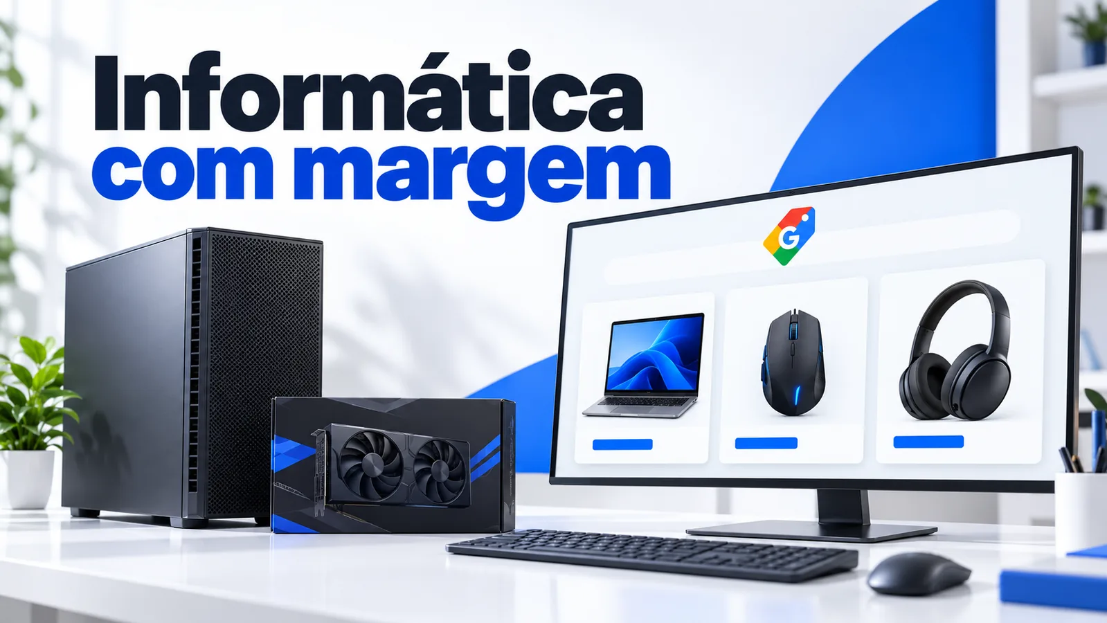 Computador, placa gráfica e monitor com fichas de produtos do Google Shopping, sob o texto Informática com margem
